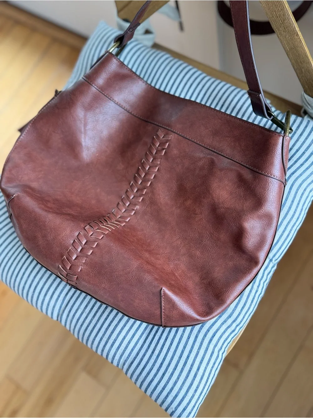 Vintage Cognac Brown Braided Vegan Leather Brass Rings Satchel Hobo Bag Purse